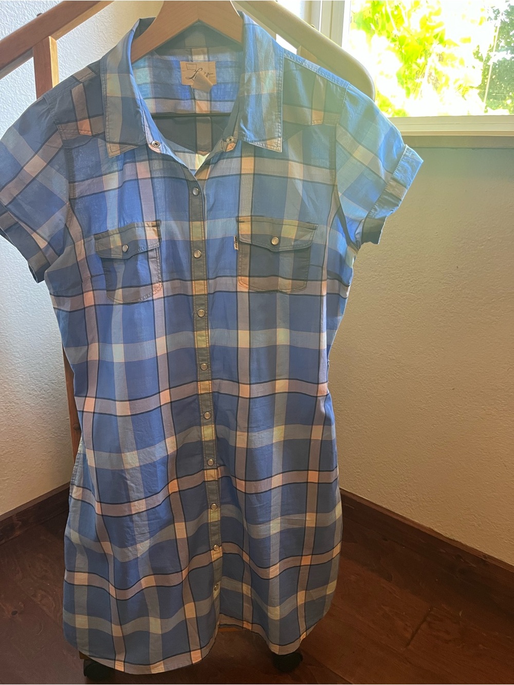 Levi’s Vintage Blue Plaid Checkered Button Front Mini Shirt Dress Cotton Size M